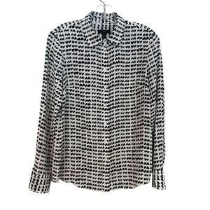 J. Crew Silk Career Button Up Blouse Women's 4 Black White Hearts Classic Preppy